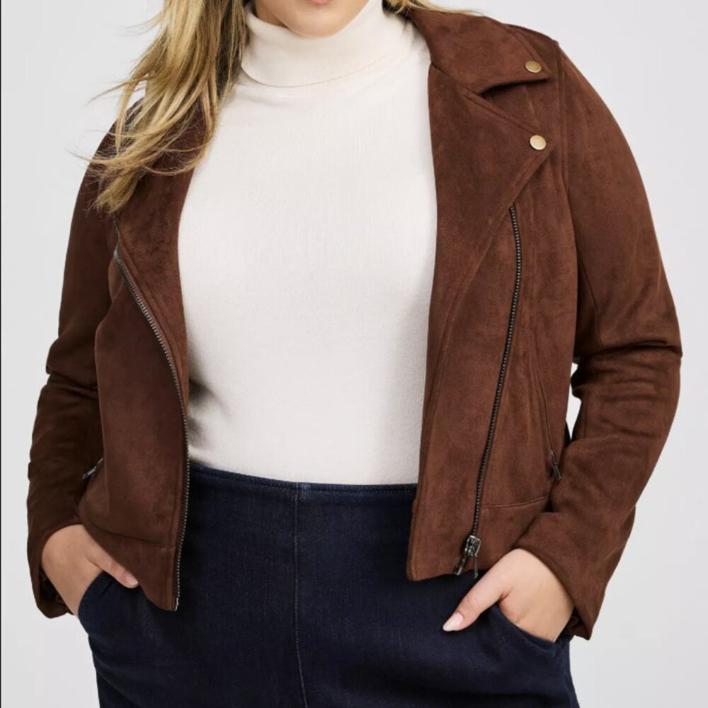 TORRID POTTING SOIL BROWN FAUX SUEDE MOTO JACKET 3 3X XXXL 22 24 - Picture 5 of 5